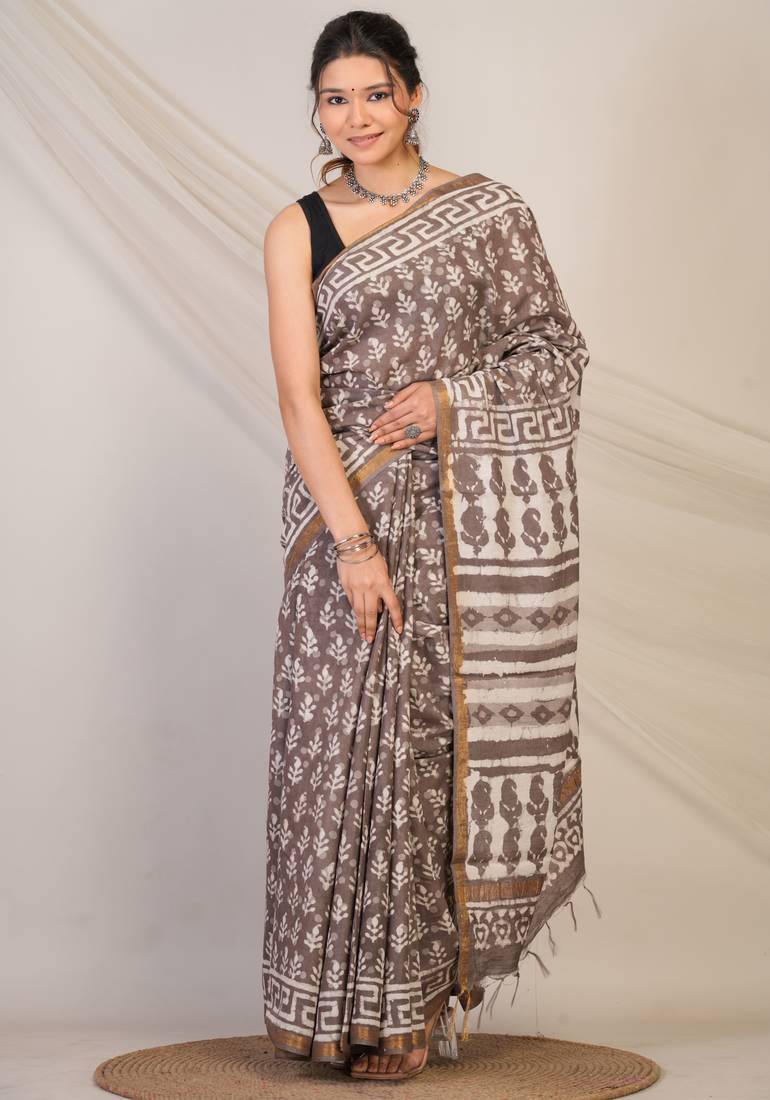 brown zari work cotton silk blend bhagalpuri ethnic saree with unstitched blouse