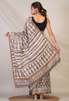 brown zari work cotton silk blend bhagalpuri ethnic saree with unstitched blouse 2