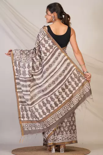 brown zari work cotton silk blend bhagalpuri ethnic saree with unstitched blouse