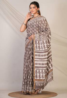 brown zari work cotton silk blend bhagalpuri ethnic saree with unstitched blouse 3
