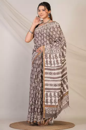 brown zari work cotton silk blend bhagalpuri ethnic saree with unstitched blouse