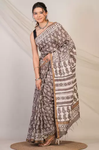 brown zari work cotton silk blend bhagalpuri ethnic saree with unstitched blouse