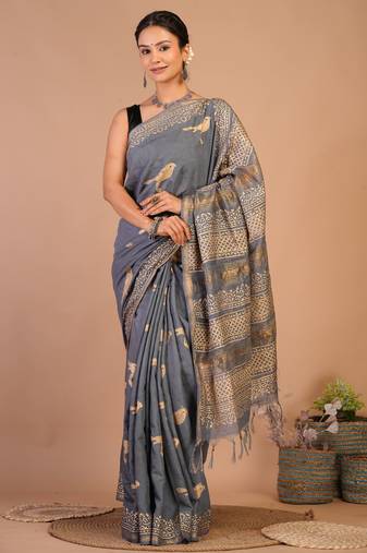 grey zari work, tassle jay shree cotton fine bhagalpuri ethnic saree with unstitched blouse