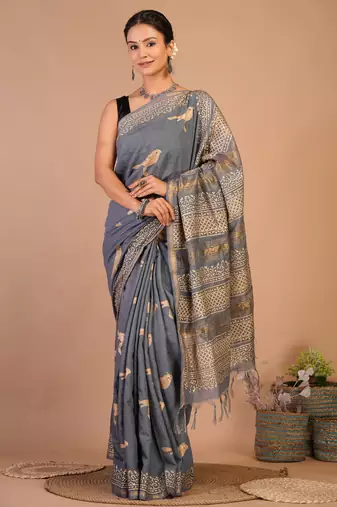 grey zari work, tassle jay shree cotton fine bhagalpuri ethnic saree with unstitched blouse
