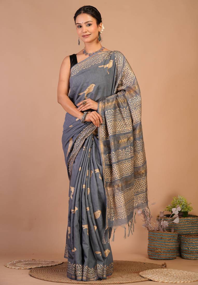grey zari work, tassle jay shree cotton fine bhagalpuri ethnic saree with unstitched blouse