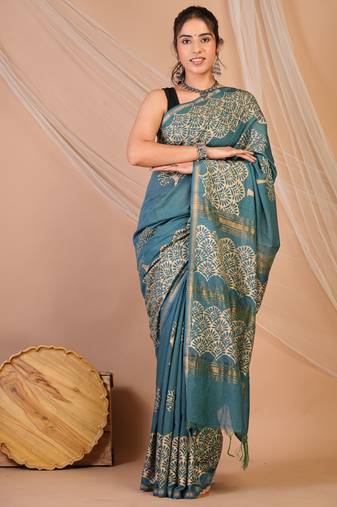 teal blue zari work, tassle jay shree cotton fine bhagalpuri ethnic saree with unstitched blouse