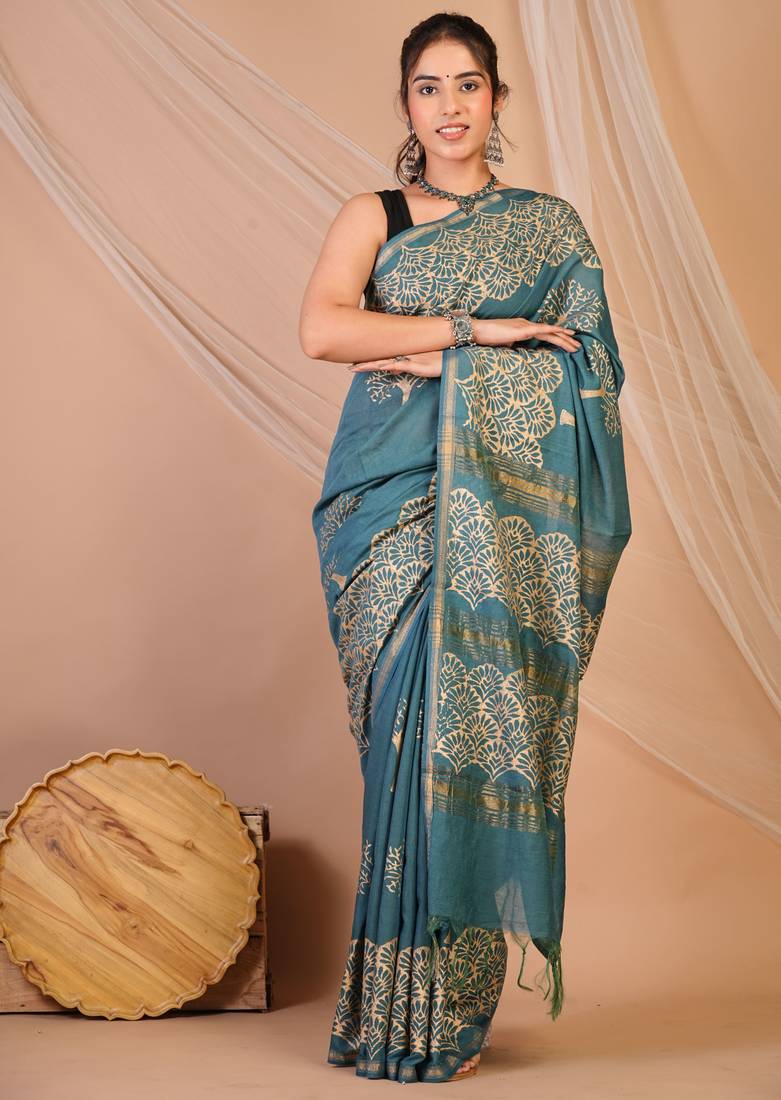 teal blue zari work, tassle jay shree cotton fine bhagalpuri ethnic saree with unstitched blouse