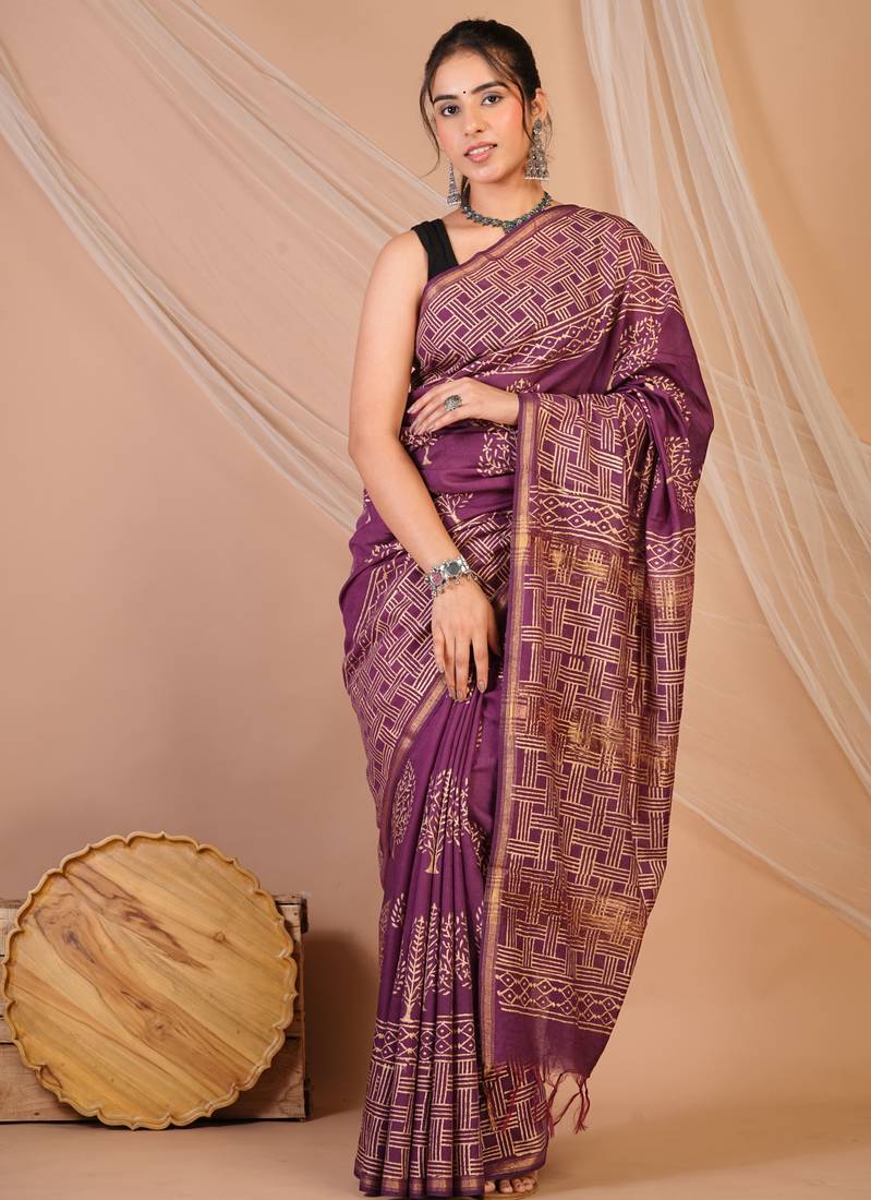 purple zari work, tassle jay shree cotton fine bhagalpuri ethnic saree with unstitched blouse
