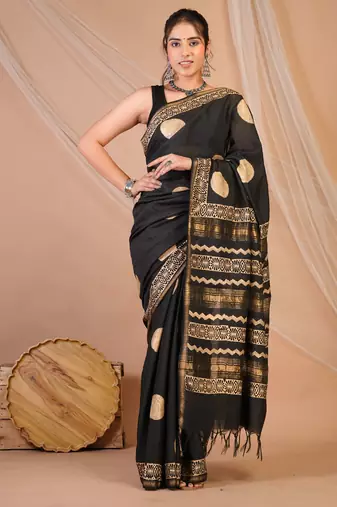 black zari work, tassle jay shree cotton fine bhagalpuri ethnic saree with unstitched blouse