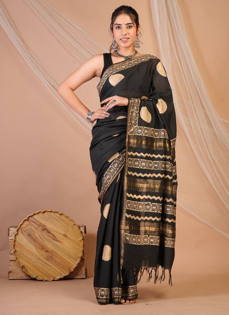 black zari work, tassle jay shree cotton fine bhagalpuri ethnic saree with unstitched blouse