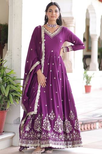 Purple Embroidered Silk Gown With Dupatta