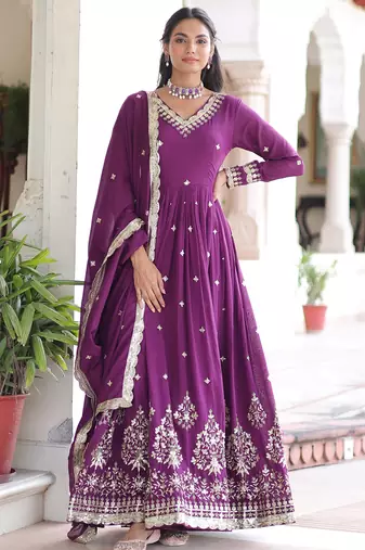 Purple Embroidered Silk Gown With Dupatta
