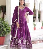 Purple Embroidered Silk Gown With Dupatta