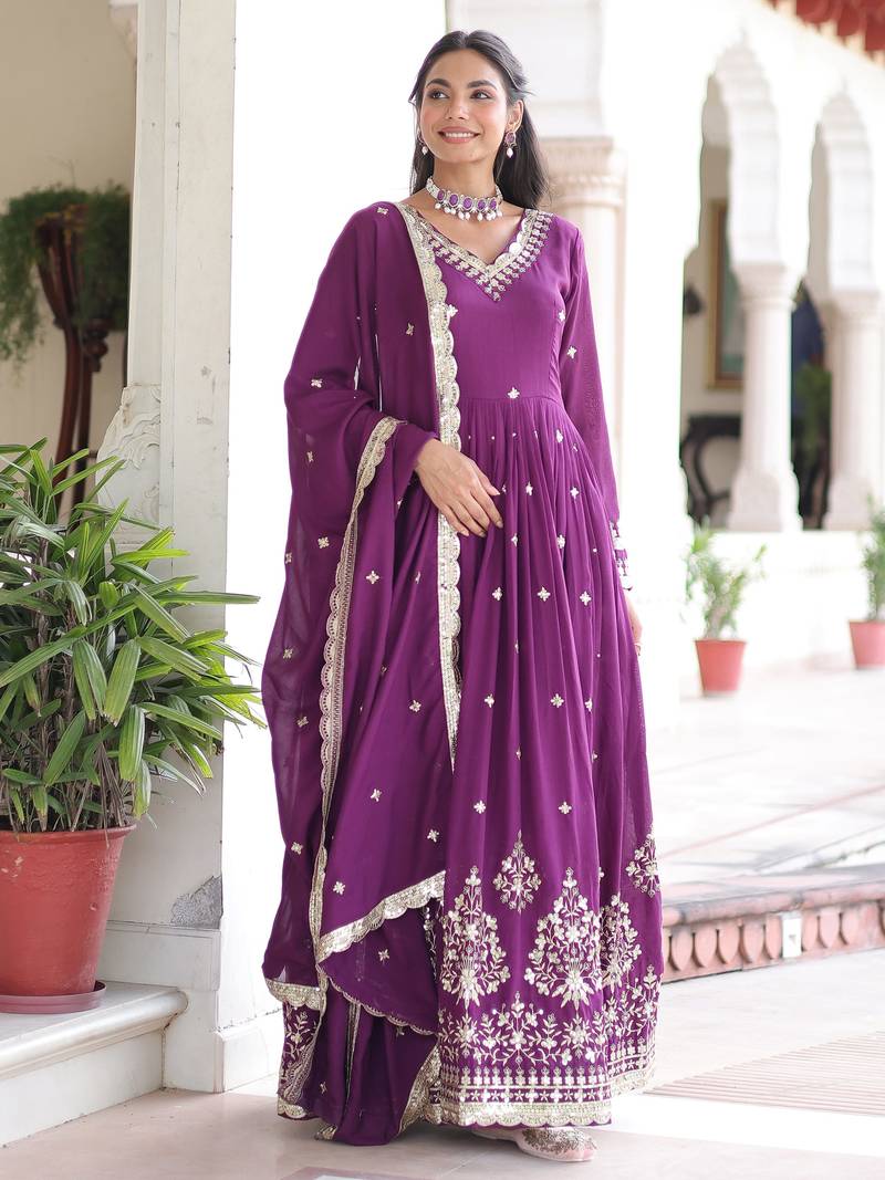 Purple Embroidered Silk Gown With Dupatta
