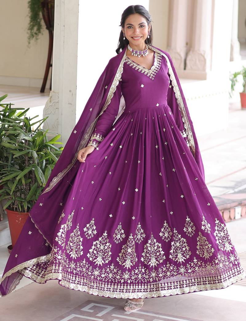 Purple Embroidered Silk Gown With Dupatta