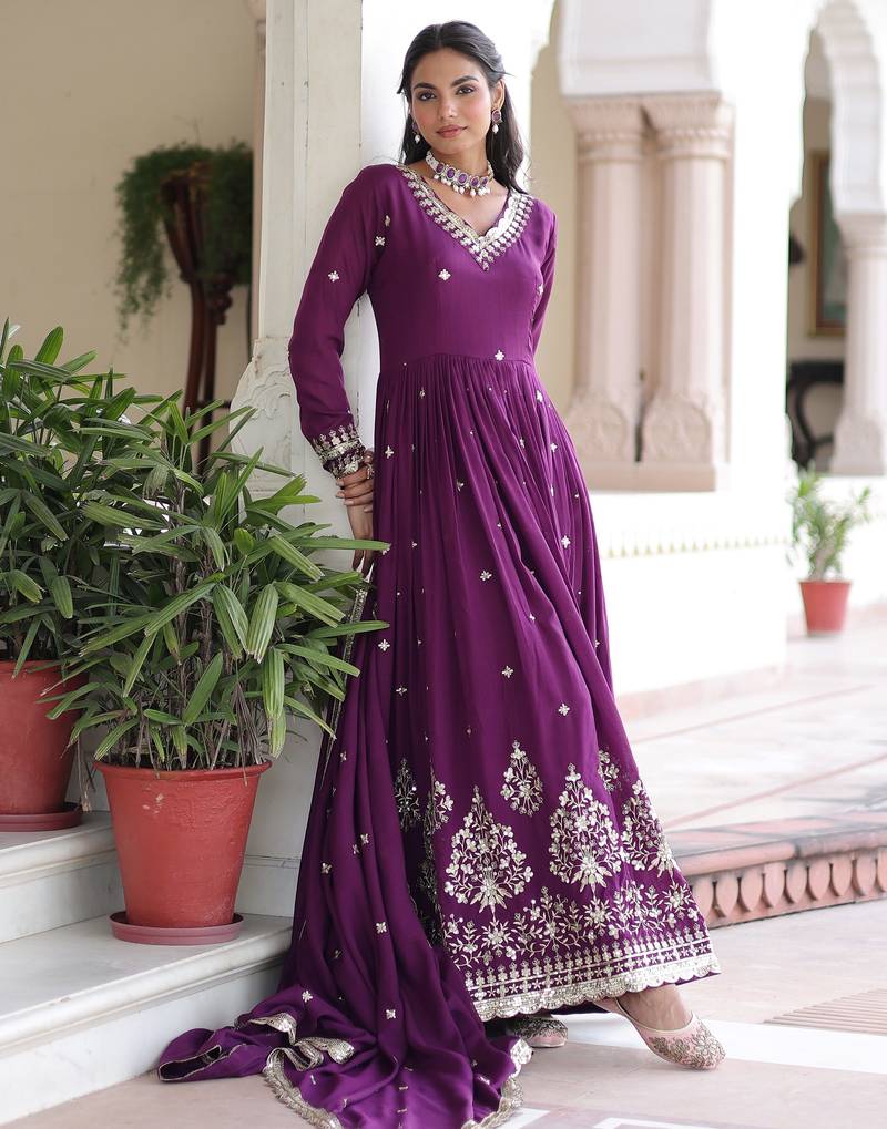 Purple Embroidered Silk Gown With Dupatta