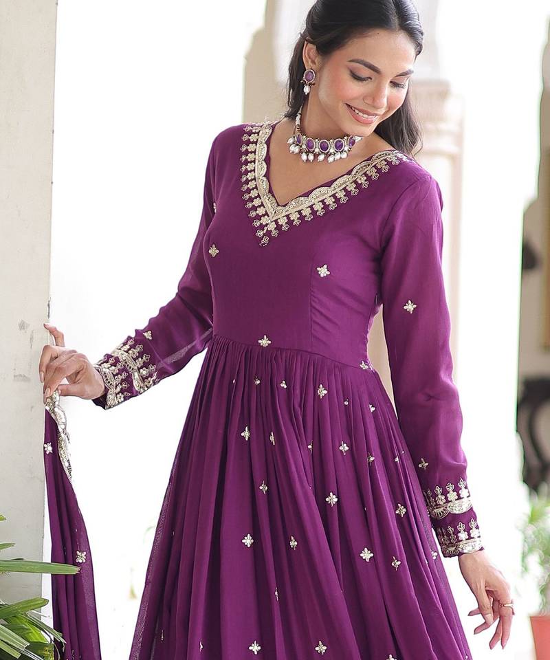 Purple Embroidered Silk Gown With Dupatta
