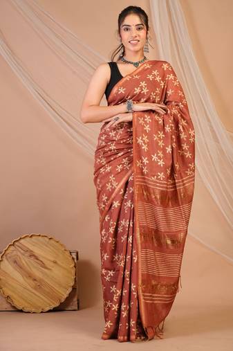 rust zari work, tassle jay shree cotton fine bhagalpuri ethnic saree with unstitched blouse