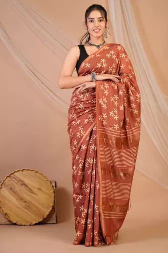 rust zari work, tassle jay shree cotton fine bhagalpuri ethnic saree with unstitched blouse