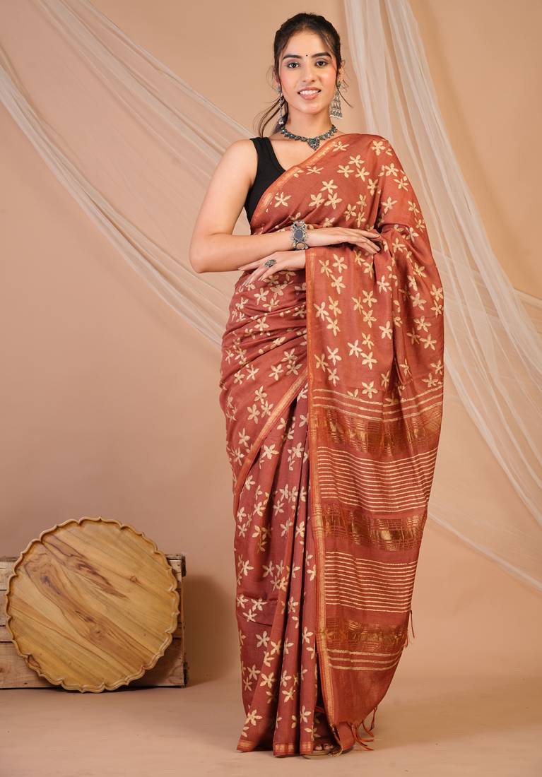 rust zari work, tassle jay shree cotton fine bhagalpuri ethnic saree with unstitched blouse