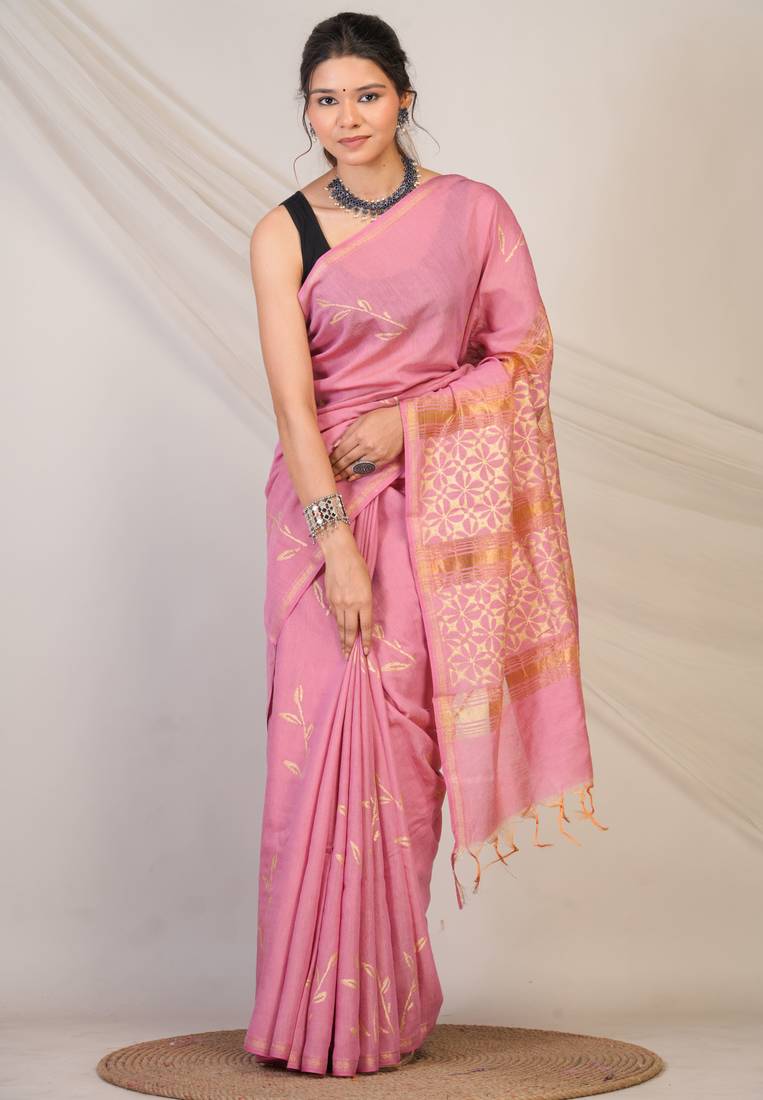 pink zari work, tassle jay shree cotton fine bhagalpuri ethnic saree with unstitched blouse