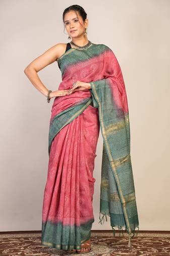pink & green zari work, tassle jay shree cotton fine bhagalpuri ethnic saree with unstitched blouse