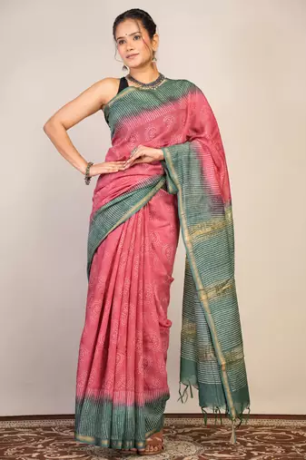 pink & green zari work, tassle jay shree cotton fine bhagalpuri ethnic saree with unstitched blouse