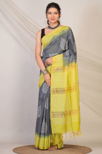 grey & green zari work, tassle jay shree cotton fine bhagalpuri ethnic saree with unstitched blouse