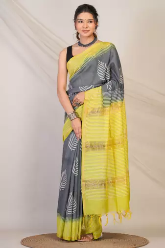 grey & green zari work, tassle jay shree cotton fine bhagalpuri ethnic saree with unstitched blouse
