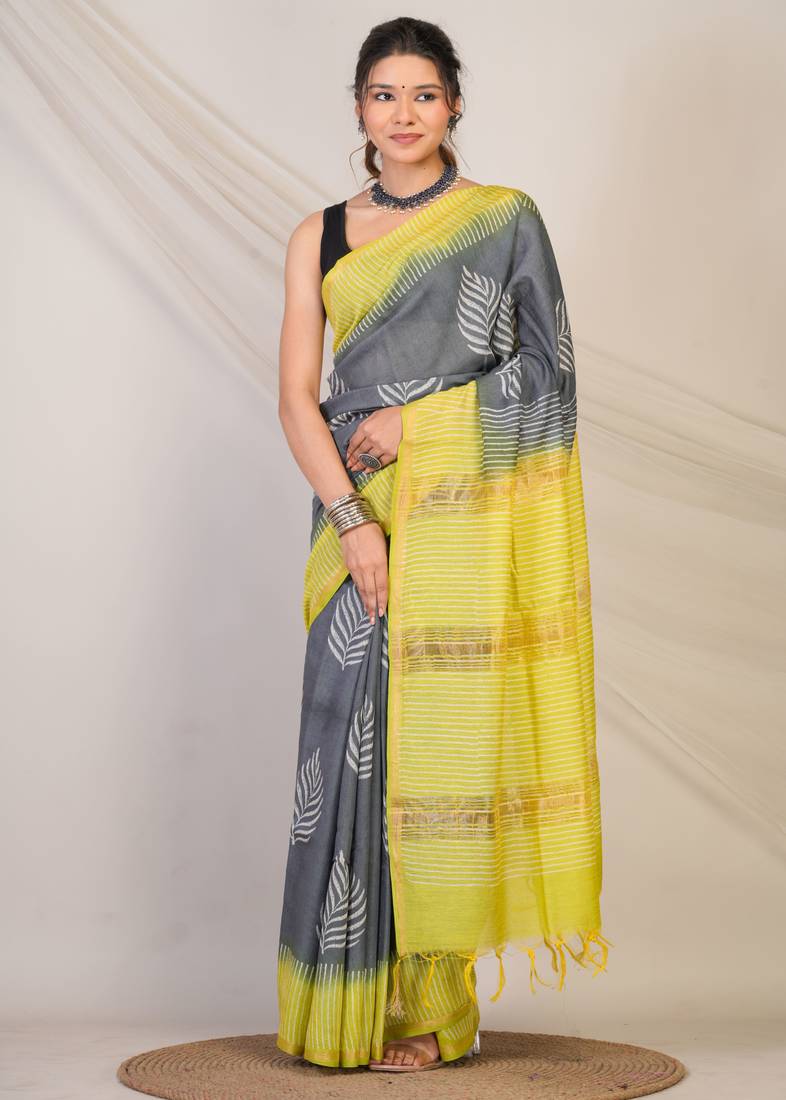 grey & green zari work, tassle jay shree cotton fine bhagalpuri ethnic saree with unstitched blouse