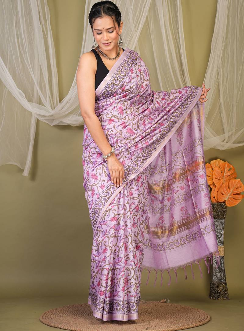 levender zari work, tassle jay shree cotton fine bhagalpuri ethnic saree with unstitched blouse