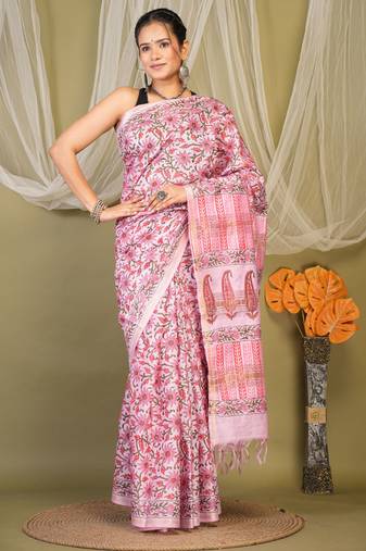 pink zari work, tassle jay shree cotton fine bhagalpuri ethnic saree with unstitched blouse