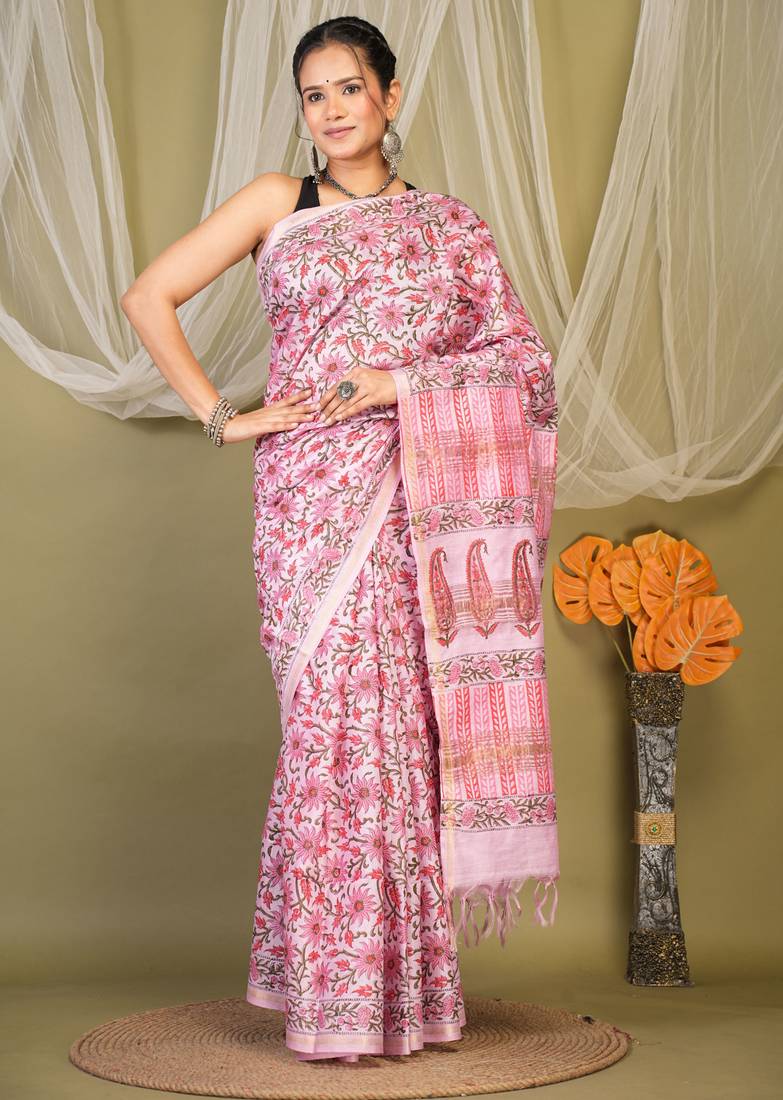 pink zari work, tassle jay shree cotton fine bhagalpuri ethnic saree with unstitched blouse