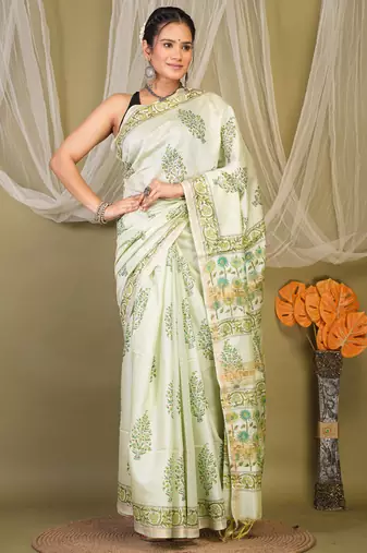 pista green zari work, tassle jay shree cotton fine bhagalpuri ethnic saree with unstitched blouse