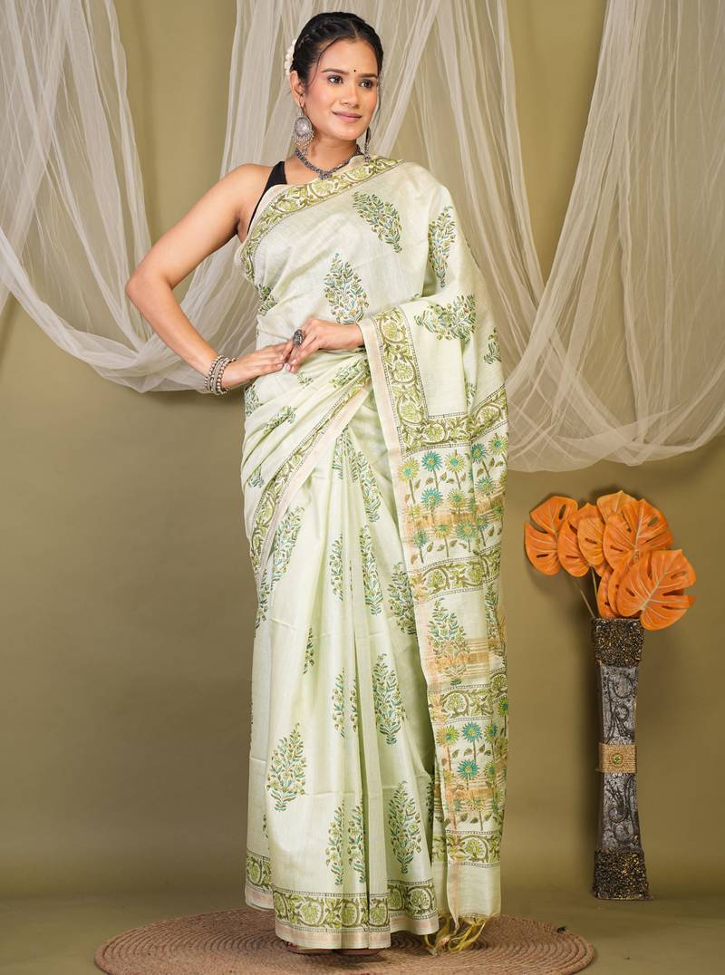 pista green zari work, tassle jay shree cotton fine bhagalpuri ethnic saree with unstitched blouse