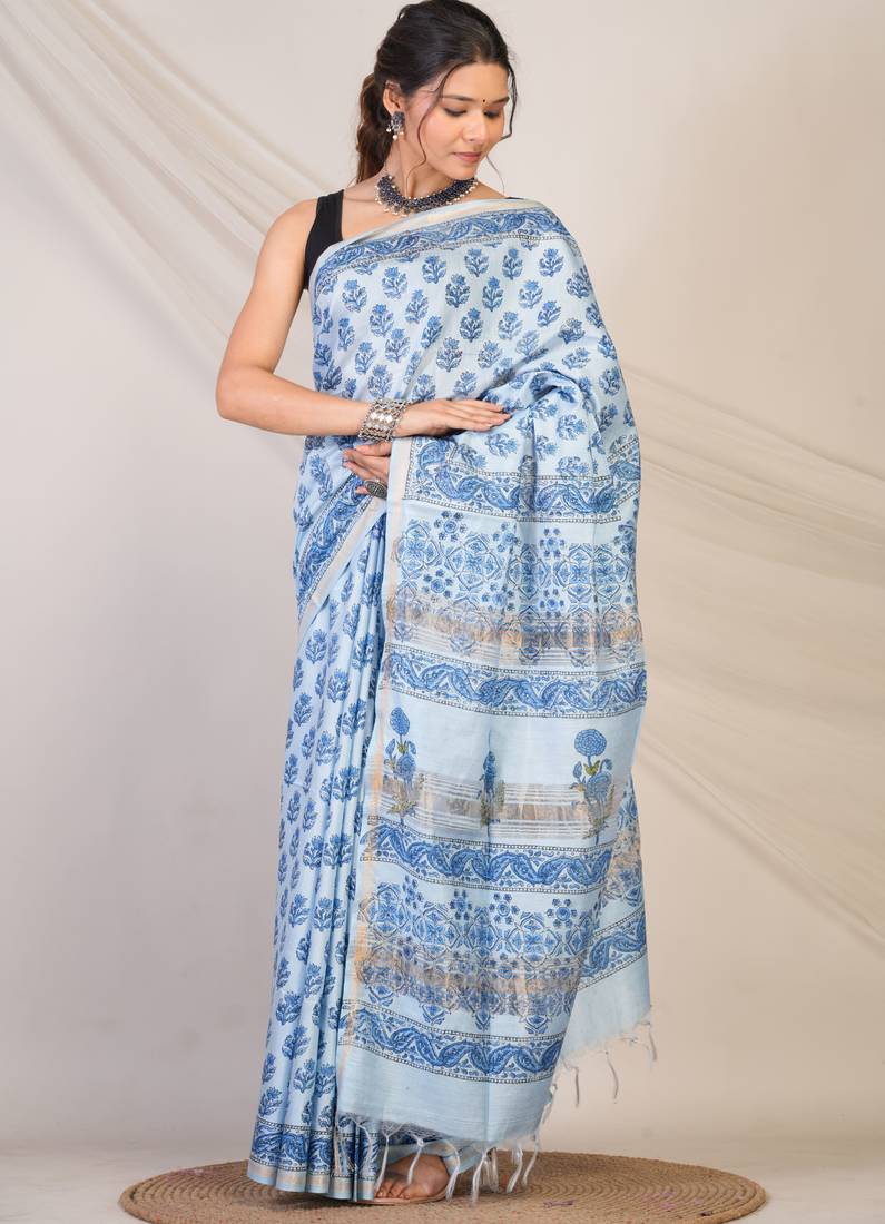 blue zari work, tassle jay shree cotton fine bhagalpuri ethnic saree with unstitched blouse