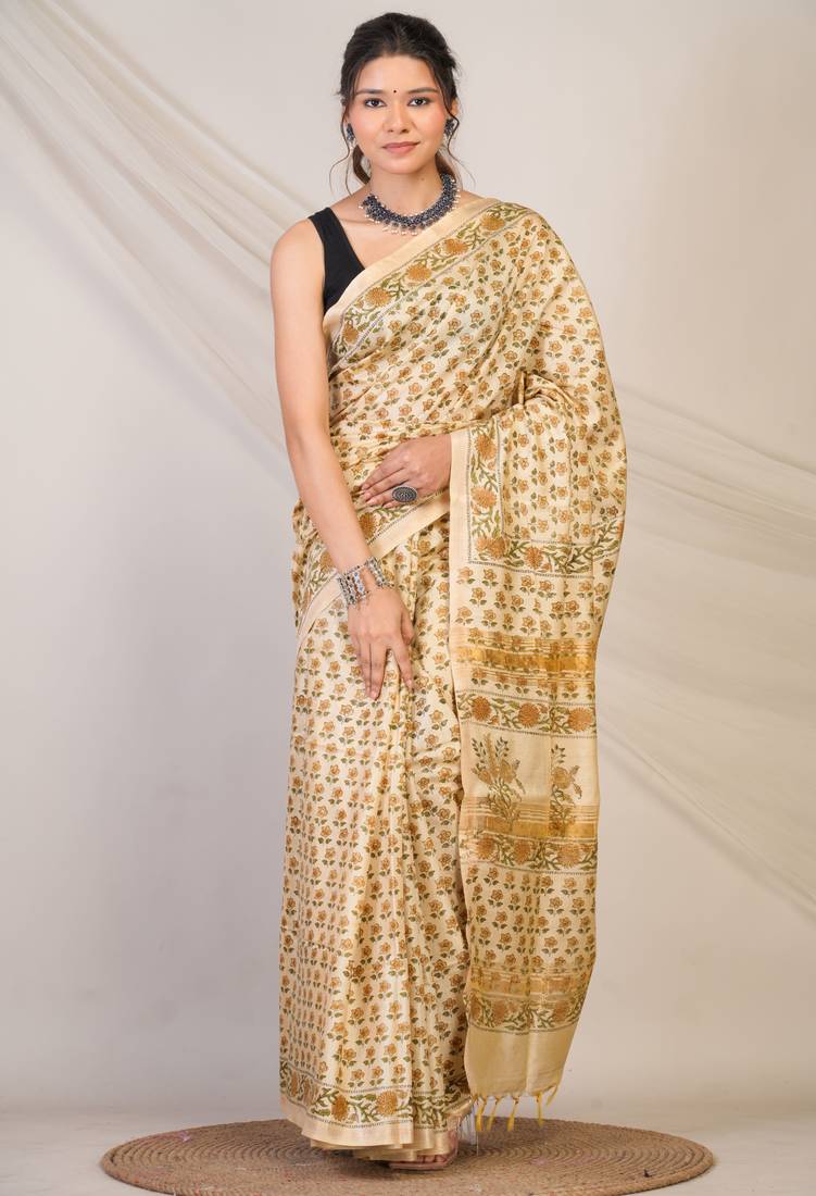 beige zari work, tassle jay shree cotton fine bhagalpuri ethnic saree with unstitched blouse