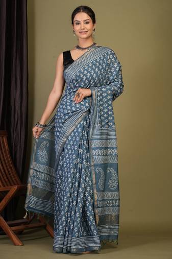 teal blue zari work, tassle cotton silk blend bhagalpuri ethnic saree with unstitched blouse