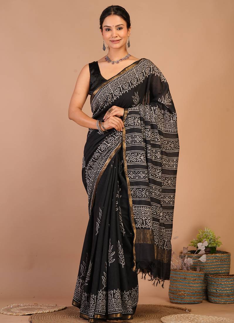 black zari work, tassle cotton silk blend bhagalpuri ethnic saree with unstitched blouse