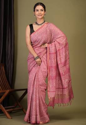 pink zari work, tassle cotton silk blend bhagalpuri ethnic saree with unstitched blouse 1