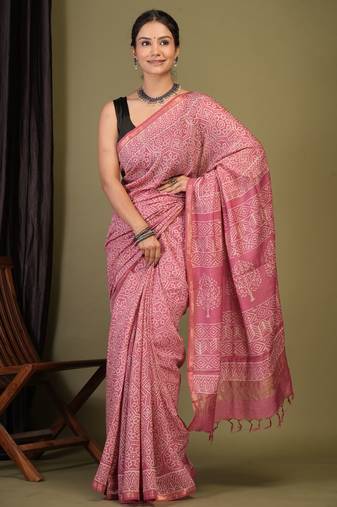 pink zari work, tassle cotton silk blend bhagalpuri ethnic saree with unstitched blouse