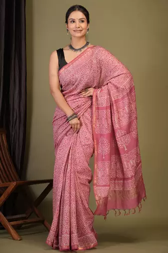 pink zari work, tassle cotton silk blend bhagalpuri ethnic saree with unstitched blouse