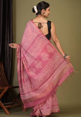 pink zari work, tassle cotton silk blend bhagalpuri ethnic saree with unstitched blouse 2