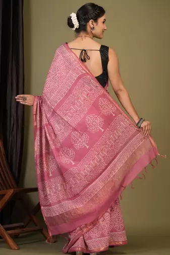 pink zari work, tassle cotton silk blend bhagalpuri ethnic saree with unstitched blouse