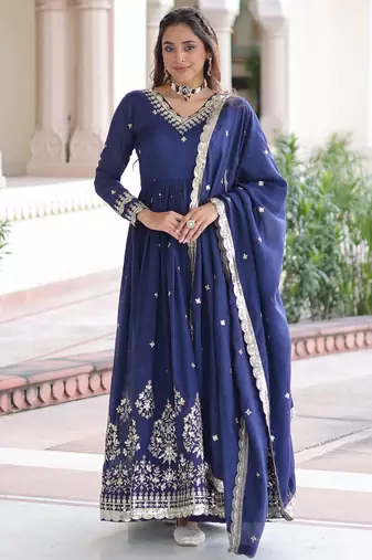 Blue Embroidered Silk Gown With Dupatta