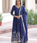 Blue Embroidered Silk Gown With Dupatta
