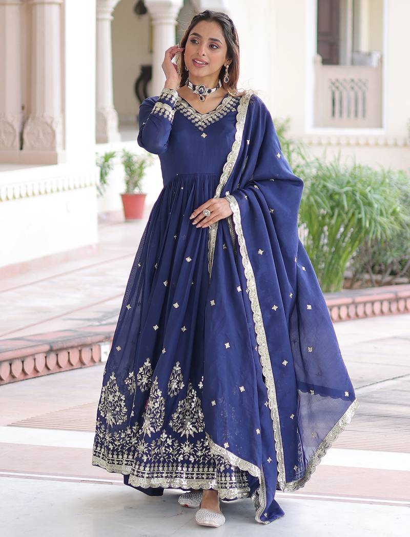 Blue Embroidered Silk Gown With Dupatta