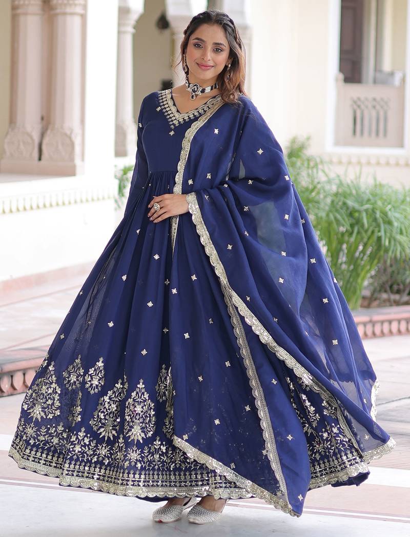Blue Embroidered Silk Gown With Dupatta