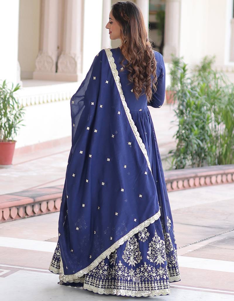 Blue Embroidered Silk Gown With Dupatta