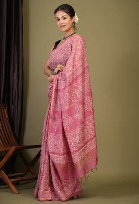 pink zari work, tassle cotton silk blend bhagalpuri ethnic saree with unstitched blouse 3